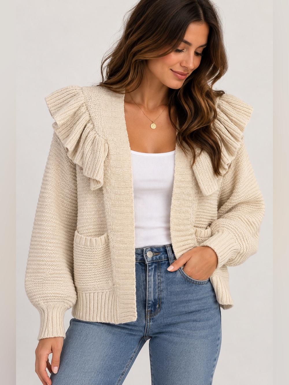 Madewell Cream Cotton Knit Ruffle Cardigan Sweater Size S